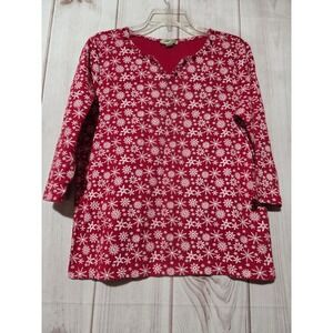 J Bee Womens Red‎ Snowflake Holiday Top Beaded V-Neck 3/4 Sleeve Size M